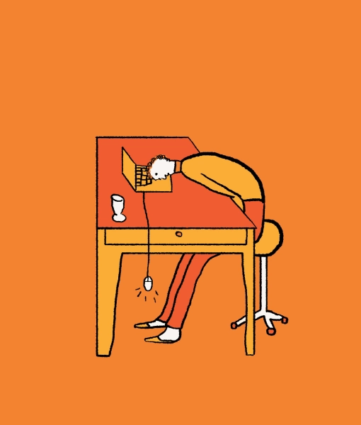 illustrazione con un uomo distrutto alla scrivania