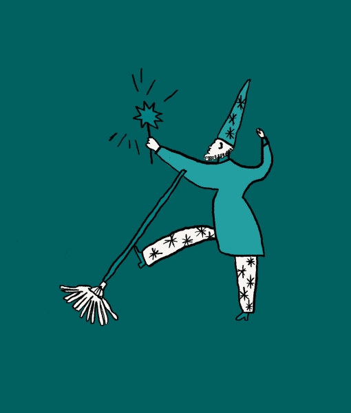 illustrazione di un mago con uno scopettone incantato
